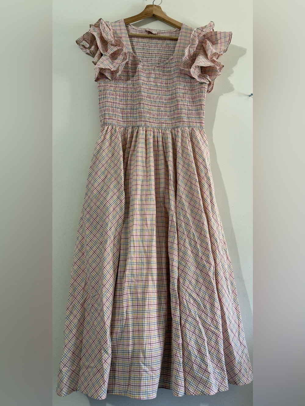 Ivy City Co Pink Plaid Ruffle Sleeve Smocked Midi Dress - Picture 1 of 6